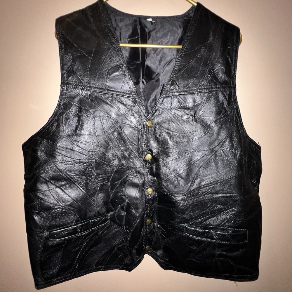 Patchwork Leather Button Up Vest Jacket Moto Biker Patch Men's XL